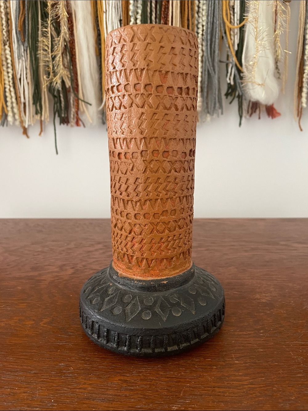 Carved Terracotta & Black Ceramic Vase - Textured Column Design